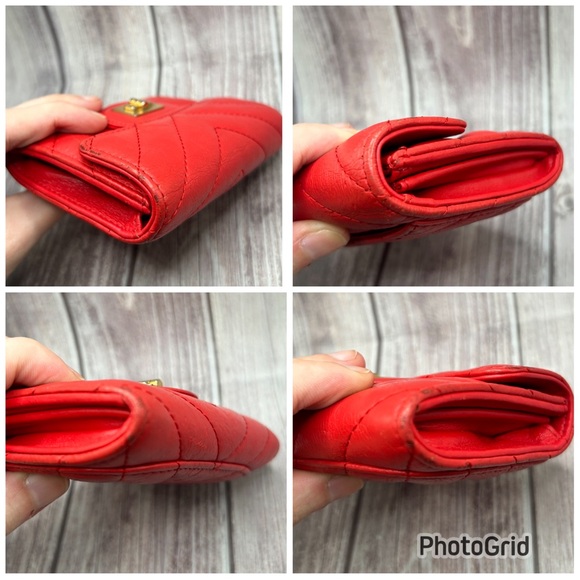 SOLD❤️ CHANEL Chevron Quilted Leather Compact Wallet Red - Picture 14 of 16